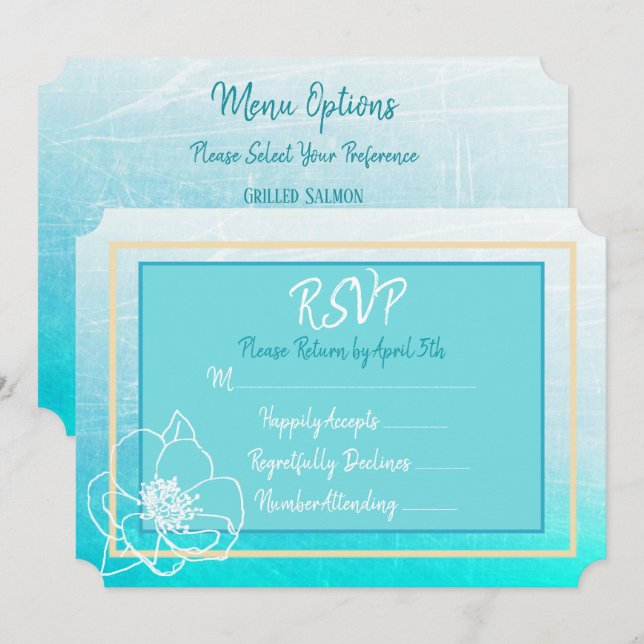 Convite Teal e Turquesa Azul Flor Branca Casamento RSVP (Frente/Verso)