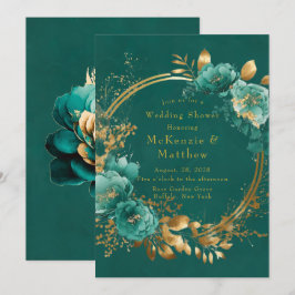 Convite Teal Elegante e Chá de casamento Floral Dourado