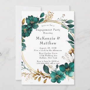 Convite Teal Elegante e Festa de noivado Floral Dourada
