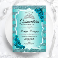 Convite Teal Elegante Para Quinceanera Floral
