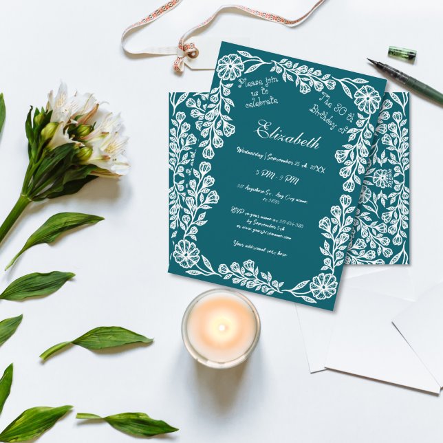 Convite Teal Escuro e aniversário de 30 anos botânico Bran (Criador carregado)