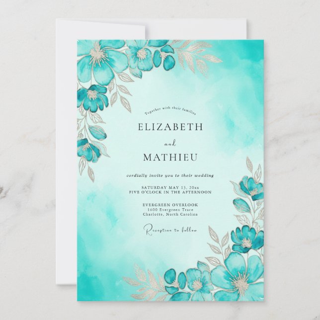 Convite Teal Ethereal Watercolor Wedding (Frente)