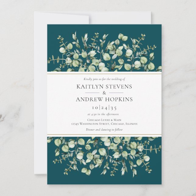 Convite Teal Eucalyptus  Wedding (Frente)