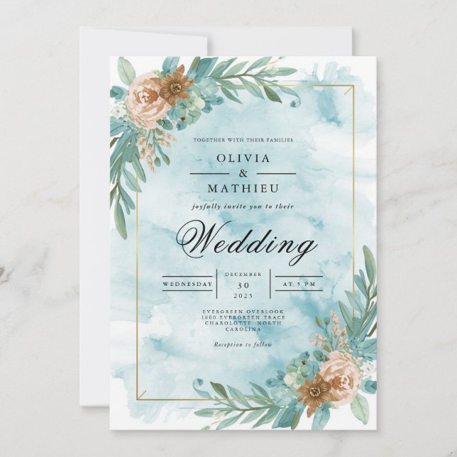 Convite Teal Floral Accent Romântico Casamento (Frente)