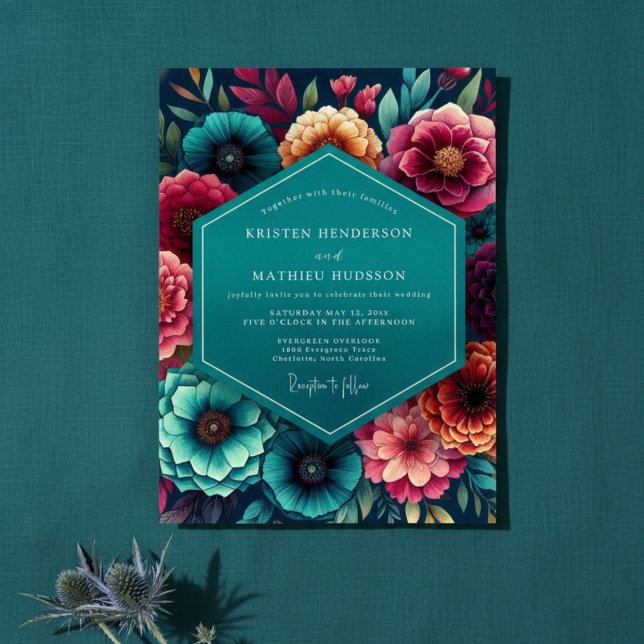 Convite Teal Floral Autumn Wedding (Criador carregado)