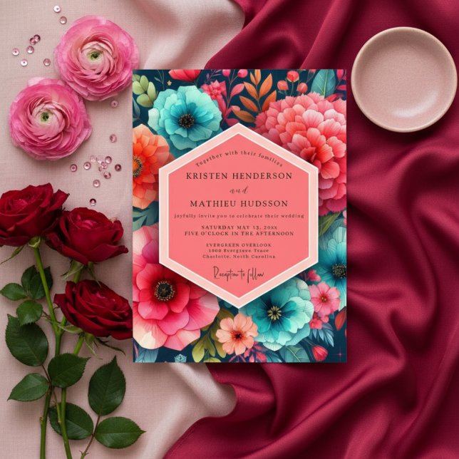 Convite Teal Floral Bloom Romance Wedding (Criador carregado)