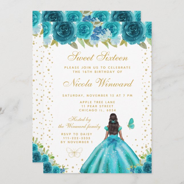 Convite Teal Floral Dark Skin Princess Sweet Sixteen (Frente/Verso)