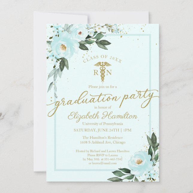 Convite Teal Floral do Partido dos Formando na Faculdade d (Frente)