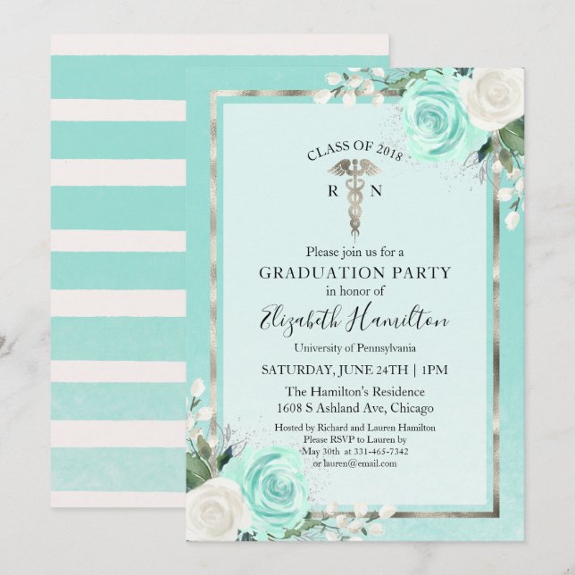 Convite Teal Floral do Partido dos Formando na Faculdade d (Frente/Verso)