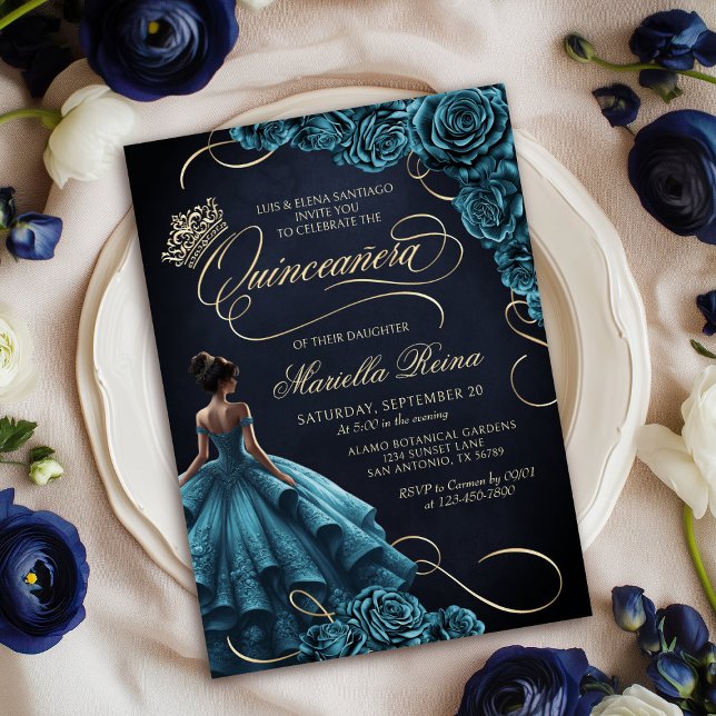 Convite Teal Floral Dress Quinceañera (Criador carregado)