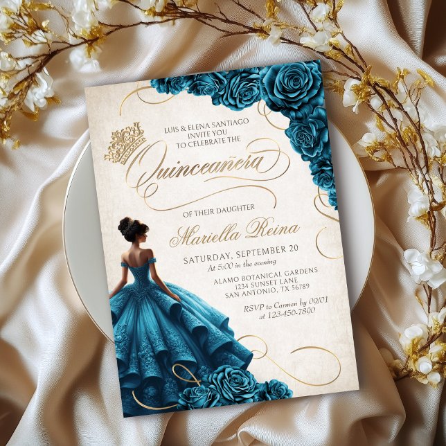 Convite Teal Floral Dress Quinceañera (Criador carregado)