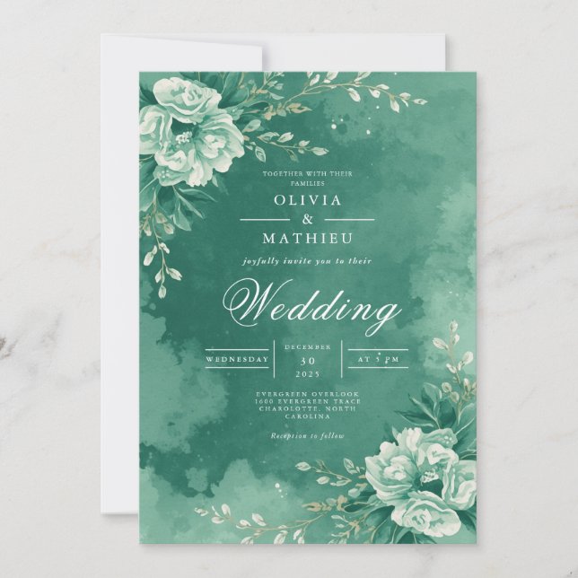 Convite Teal Floral Flourish Wedding (Frente)