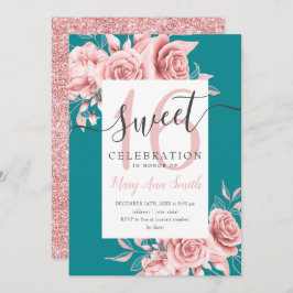 Convite Teal Floral & Glitter Sweet 16 Script Dourado do r