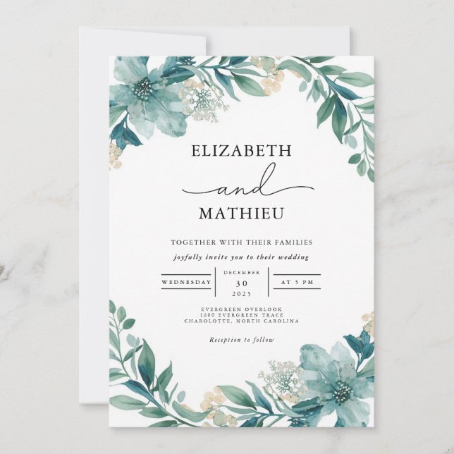 Convite Teal Floral Lush Casamento Flourish (Frente)