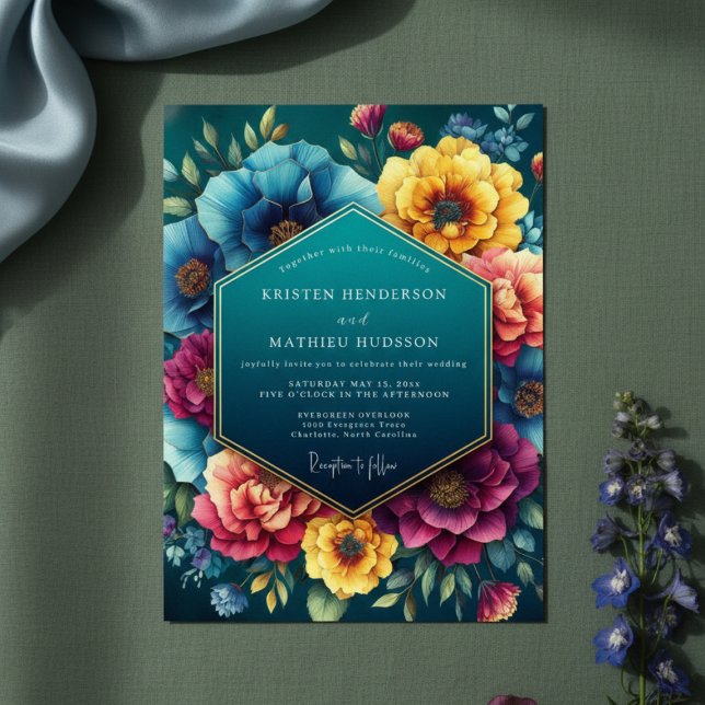 Convite Teal Floral Lush Romance Wedding (Criador carregado)