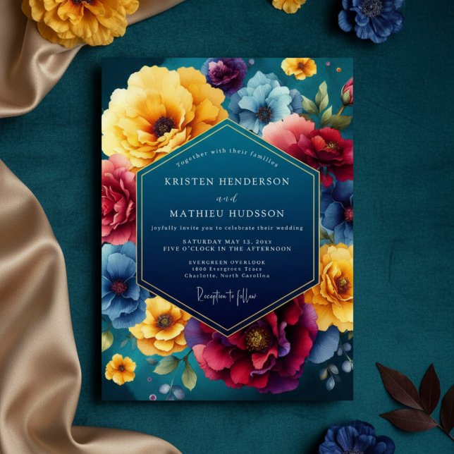 Convite Teal Floral Luxe Wedding (Criador carregado)