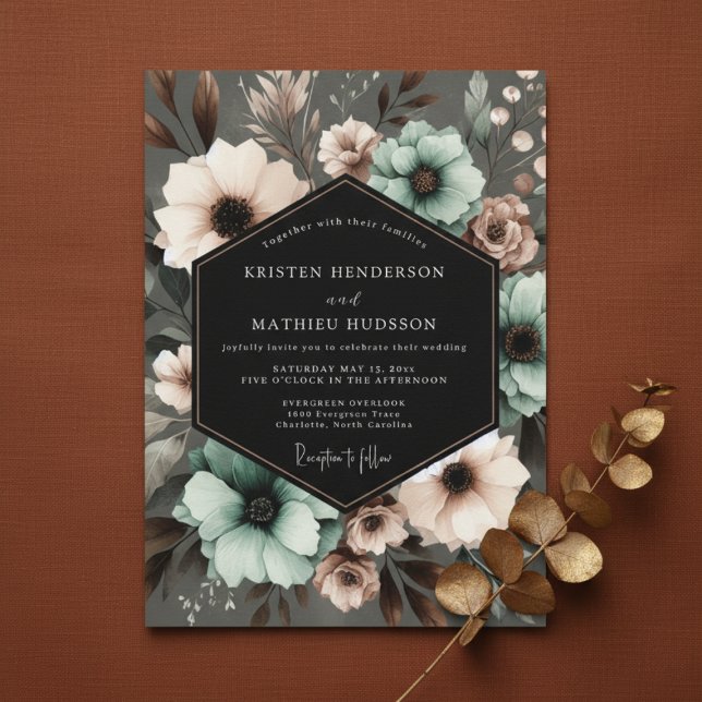 Convite Teal Floral Moody Elegance Wedding (Criador carregado)