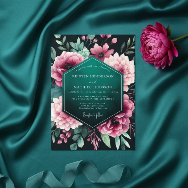 Convite Teal Floral Nocturne Wedding (Criador carregado)