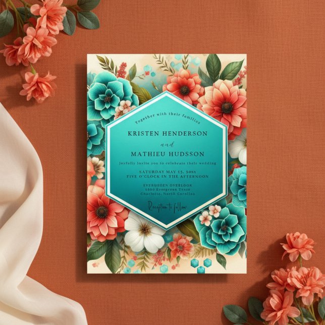 Convite Teal Floral Opulent Romance Wedding (Criador carregado)