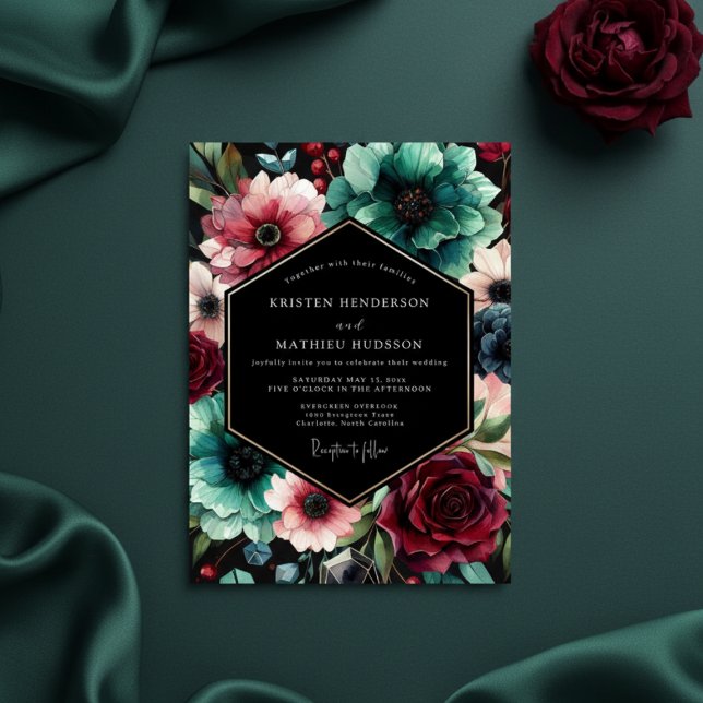 Convite Teal Floral Opulent Wedding (Criador carregado)