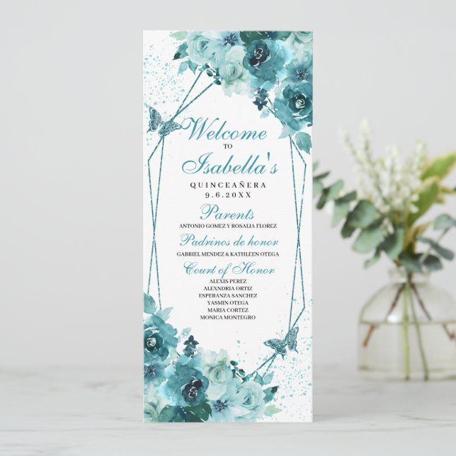 Convite Teal Floral Quinceanera (Em pé/Frente)