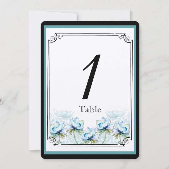 Convite Teal Floral Watercolor Table Number (Frente)