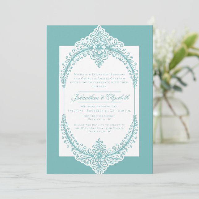 Convite Teal French Flourish Frame Wedding (Em pé/Frente)