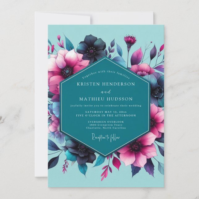 Convite Teal Fuchsia Moody Bloom Wedding (Frente)