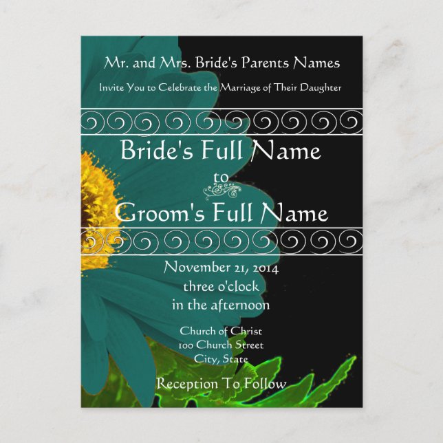 Convite Teal Gerber Daisy Wedding (Frente)