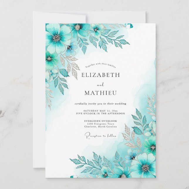 Convite Teal Glacial Botanical Winter Wedding (Frente)