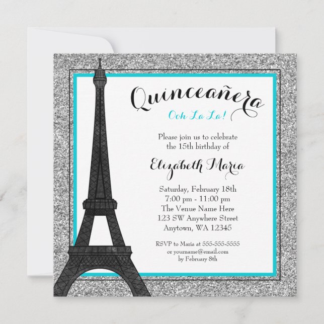 Convite Teal Glam Paris Faux Silver Glitter Quinceanera (Frente)