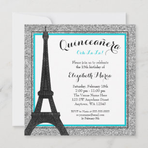 Convite Teal Glam Paris Faux Silver Glitter Quinceanera
