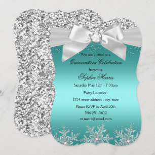 Convite Teal Glitter Jewel Arco Snowflake Quinceanera
