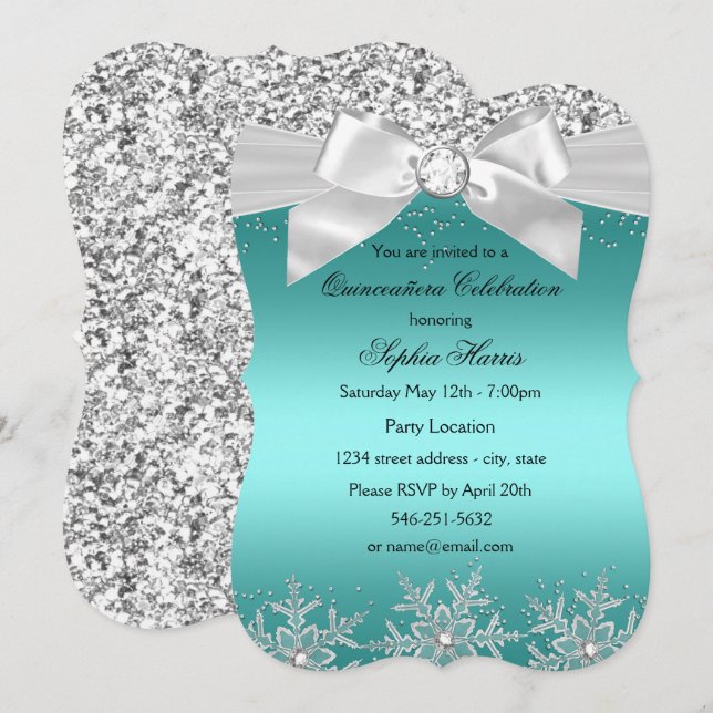 Convite Teal Glitter Jewel Arco Snowflake Quinceanera (Frente/Verso)