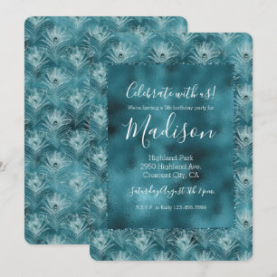 Convite Teal Glitzy Glam Peacock Penas