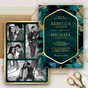 Convite Teal Gold Abstrato Fluido Tinta Foto Casamento
