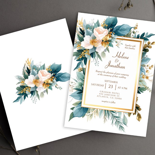 Convite Teal Gold Floral Garden Boho Elegant Wedding (Teal Gold Floral Garden Boho Elegant Wedding Invitation)