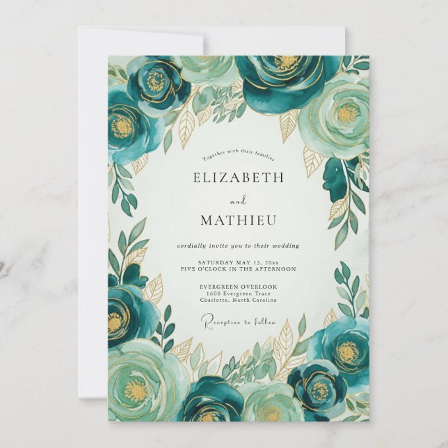 Convite Teal Gold Luxe Botanical Wedding (Frente)