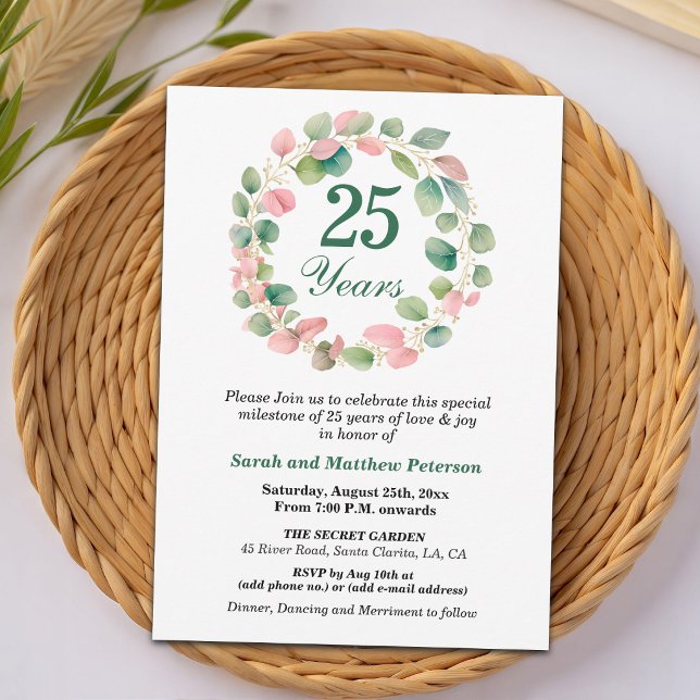 Convite Teal Gold Pink Eucalyptus 25th Wedding Anniversary (Criador carregado)
