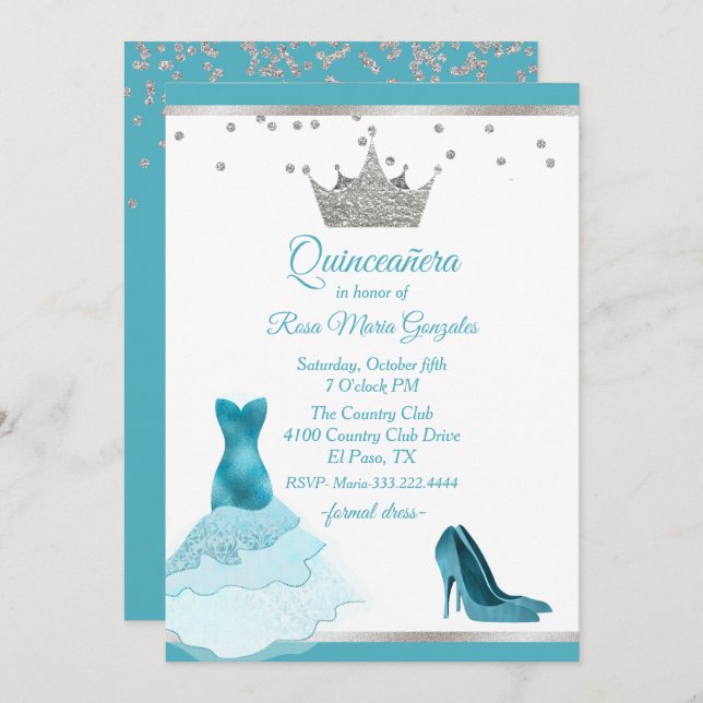 Convite Teal Gown e Heel com Quinceanera Silver Crown (Frente/Verso)
