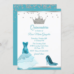Convite Teal Gown e Heel com Quinceanera Silver Crown