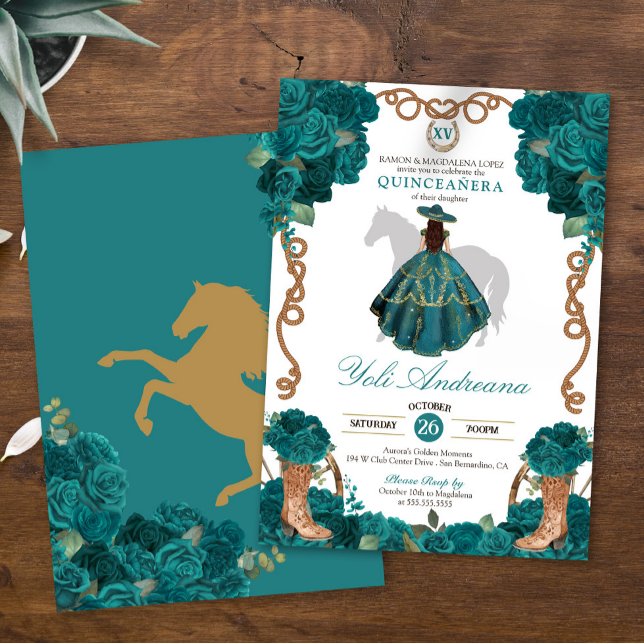 Convite Teal Green Blue Rosa Charro Vestidos Quinceañera (Criador carregado)