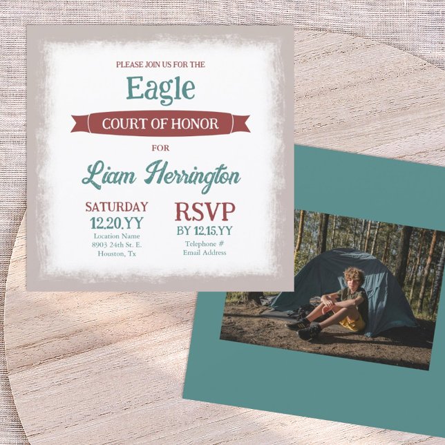 Convite Teal Green, Burgundy Eagle Scout Court of Honor (teal green and burgundy red eagle scout court of honor party invitation with picture, banner ribbon)