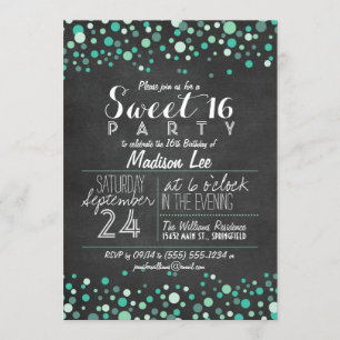 Convite Teal Green Confetti Chalkboard Sweet 16 Party