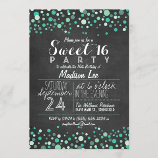 Convite Teal Green Confetti Chalkboard Sweet 16 Party