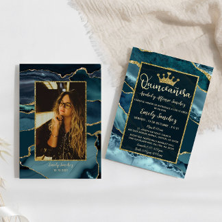 Convite Teal Green - Dourado Agate espanhol Quinceañera Fo