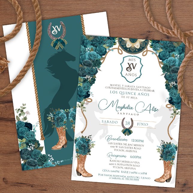 Convite Teal Green Floral Western Charro Quinceañera (Criador carregado)