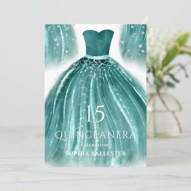 Convite Teal Green Mermaid Dress Quinceanera (Em pé/Frente)