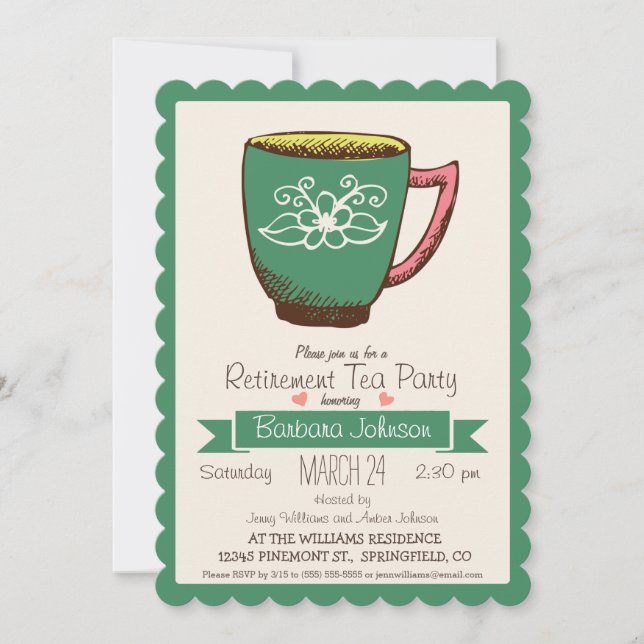 Convite Teal Green & Pink Retirement Tea Party (Frente)