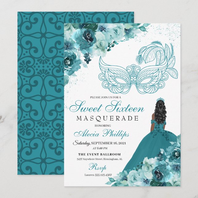 Convite Teal Green Princess Mascarada Sweet 16 (Frente/Verso)